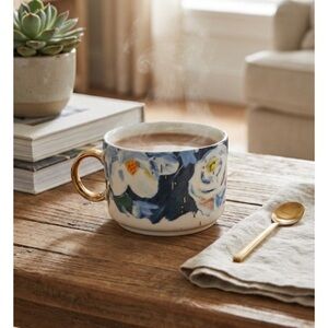 Anthropologie Blue & White Abstract Floral Ceramic Mug with Gold Handle